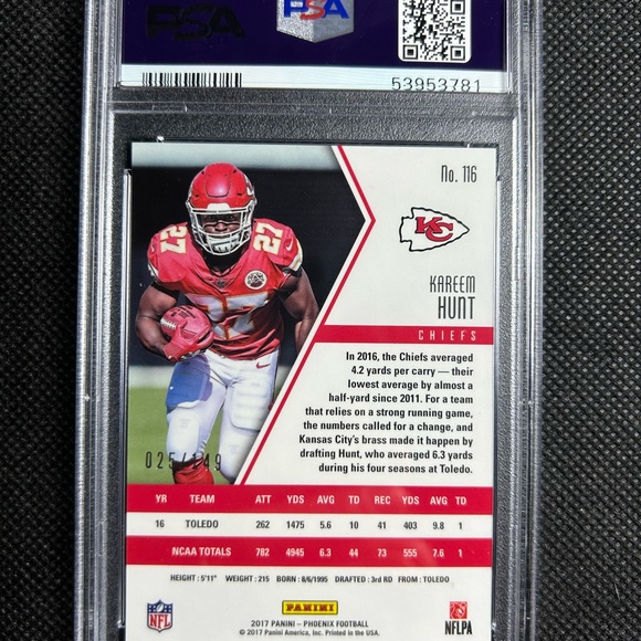 2017 Phoenix Purple Refractor KAREEM HUNT RC Card /149 SP PSA 9 MINT Pop 1 - Picture 2 of 2